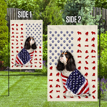 Dog Garden Flags, Tri Color Cavalier King Charles Spaniel Wrapped In American Flag, Dog Flags For House, Dog Owner Gift