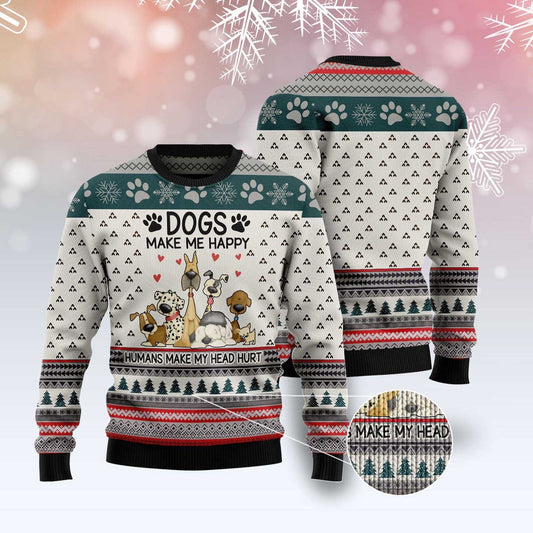Dog Xmas Sweater, Dogs Make Me Happy Humans Make My Head Hurt Ugly Christmas Sweater, Funny Xmas Sweater