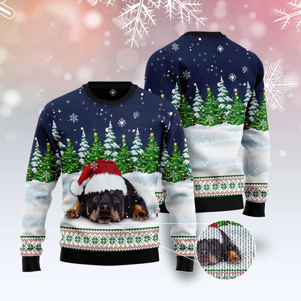 Dog Xmas Sweater, Dreaming Rottweiler Under Snow Ugly Christmas Sweater, Funny Xmas Sweater