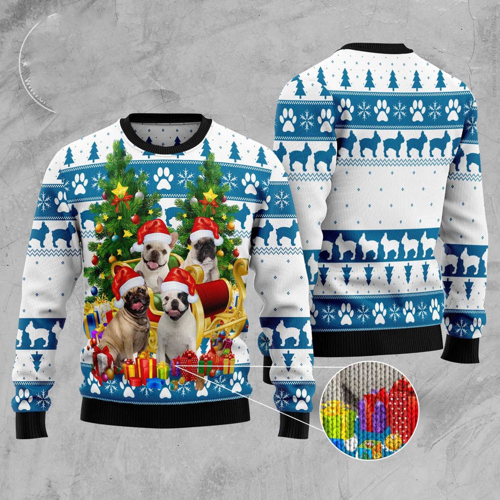 Dog Xmas Sweater, French Bulldog Greeting Ugly Christmas Sweater, Funny Xmas Sweater