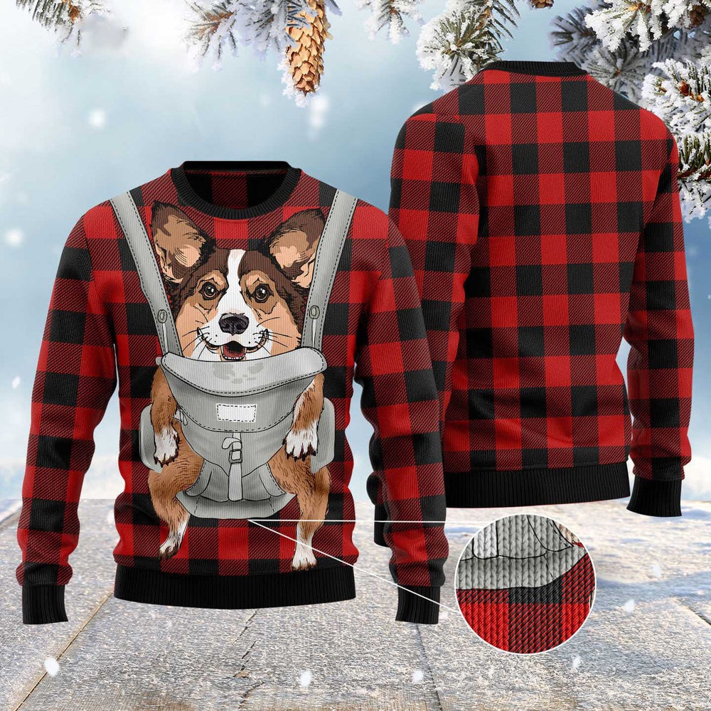 Dog Xmas Sweater, Front Carrier Dog Pembroke Welsh Corgi Ugly Christmas Sweater, Funny Xmas Sweater