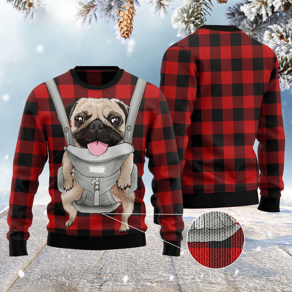 Dog Xmas Sweater, Front Carrier Dog Pug Ugly Christmas Sweater, Funny Xmas Sweater