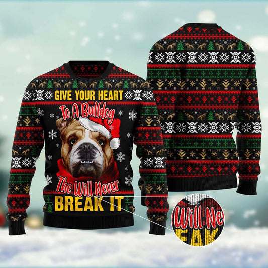 Dog Xmas Sweater, Give Your Heart Bulldog Ugly Christmas Sweater, Funny Xmas Sweater