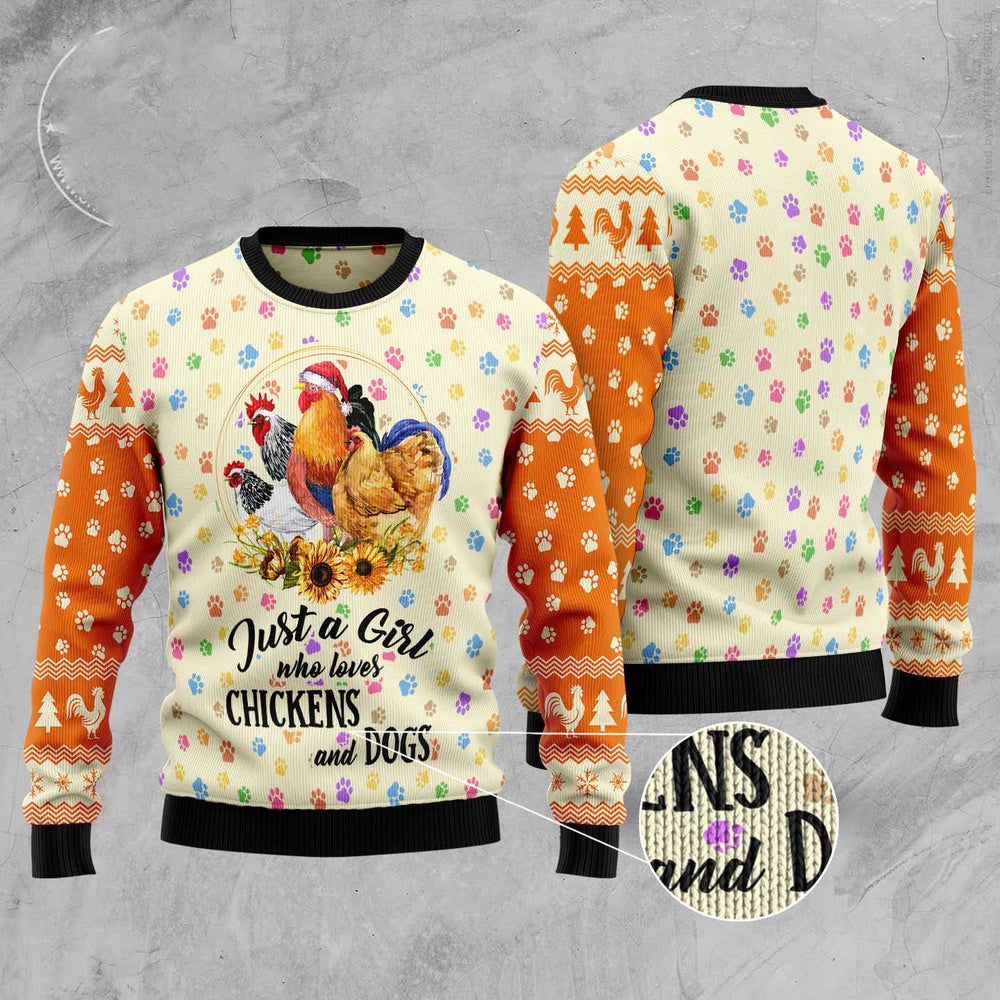 Dog Xmas Sweater, Just A Girl Who Loves Chickens And Dogs Ugly Christmas Sweater, Funny Xmas Sweater