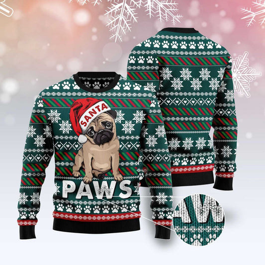 Dog Xmas Sweater, Pug Santa Paws Ugly Christmas Sweater, Funny Xmas Sweater