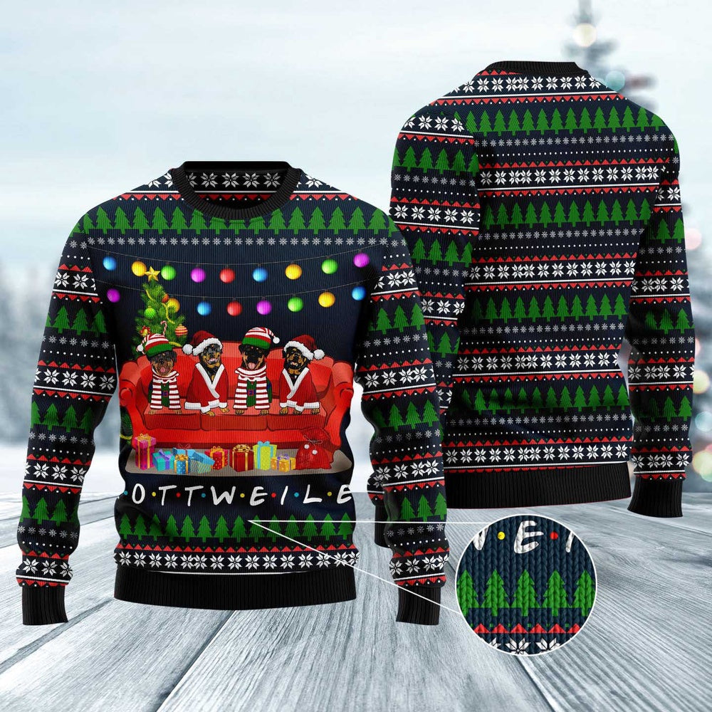 Dog Xmas Sweater, Rottweiler Friends On Red Sofa Ugly Christmas Sweater, Funny Xmas Sweater