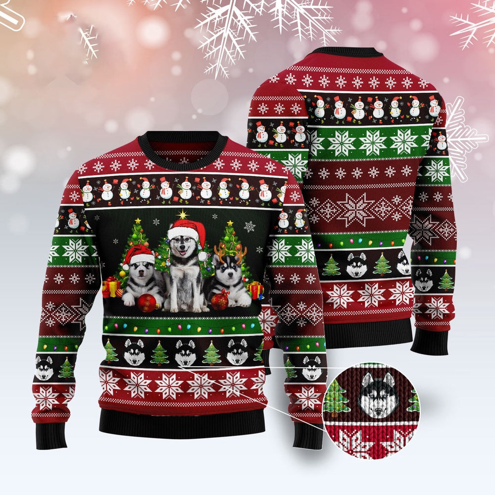 Dog Xmas Sweater, Siberian Husky Group Beauty Ugly Christmas Sweater, Funny Xmas Sweater
