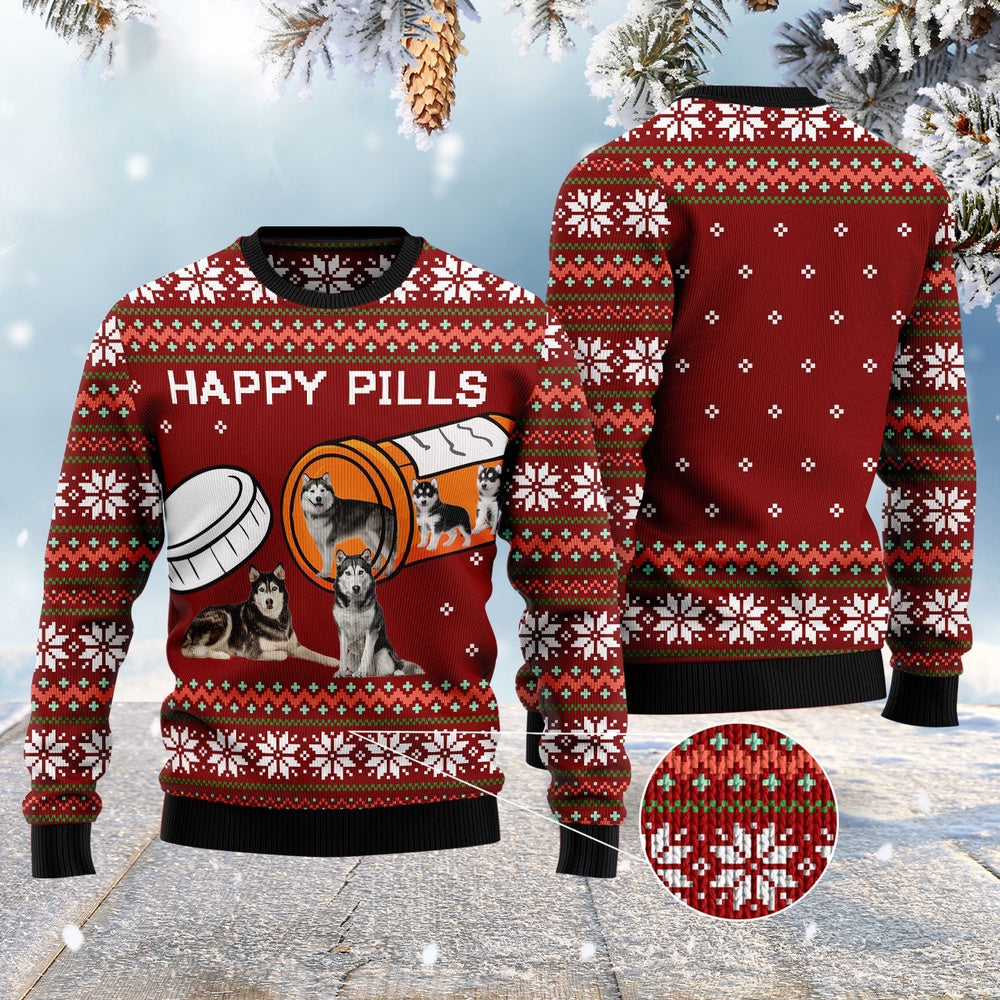 Dog Xmas Sweater, Siberian Husky Happy Pills Ugly Christmas Sweater, Funny Xmas Sweater