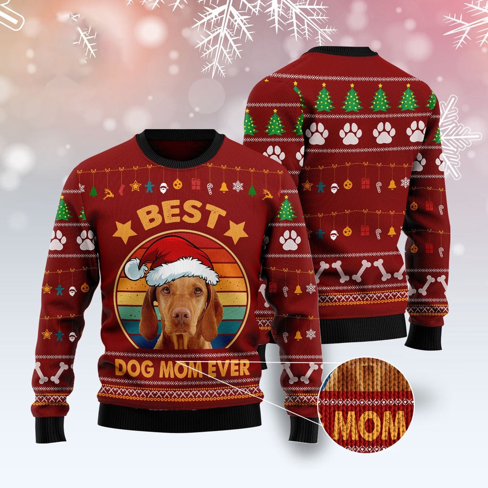 Dog Xmas Sweater, Vizsla Best Dog Mom Ever Ugly Christmas Sweater, Funny Xmas Sweater
