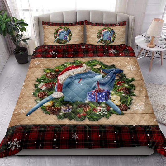 Dolphin Quilt Set, Dolphin Wearing Wreath Amas Hat Buffalo Plaid Holiday Quilt Blanket