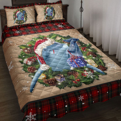 Dolphin Quilt Set, Dolphin Wearing Wreath Amas Hat Buffalo Plaid Holiday Quilt Blanket