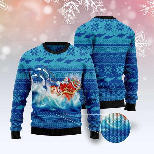 Dolphin Riding The Waves With Santa Ugly Christmas Sweater, Funny Xmas Sweater, Sweater Xmas