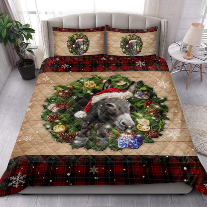 Donkey Quilt Set, Donkey Wearing Wreath Amas Hat Boxes Red Buffalo Plaid Quilt Blanket