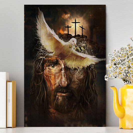 Dove With Olive Branch Three Wooden Crosses Jesus Canvas Wall Art - Christian Canvas Prints - Bible Verse Canvas Art