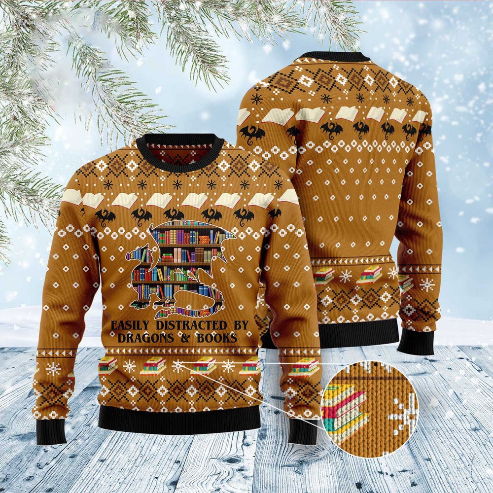 Dragon And Book Ugly Christmas Sweater, Funny Xmas Sweater, Sweater Xmas