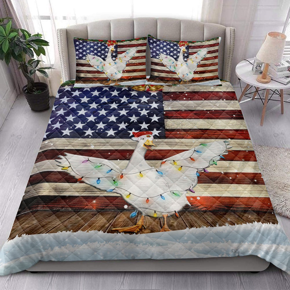 Duck Quilt Set, Duck Wearing Amas Hat With String Light Us Flag Quilt Blanket