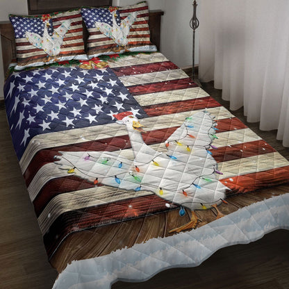 Duck Quilt Set, Duck Wearing Amas Hat With String Light Us Flag Quilt Blanket