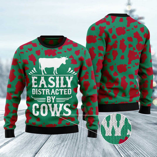 Easily Distracted By Cows Ugly Christmas Sweater, Funny Xmas Sweater, Sweater Xmas