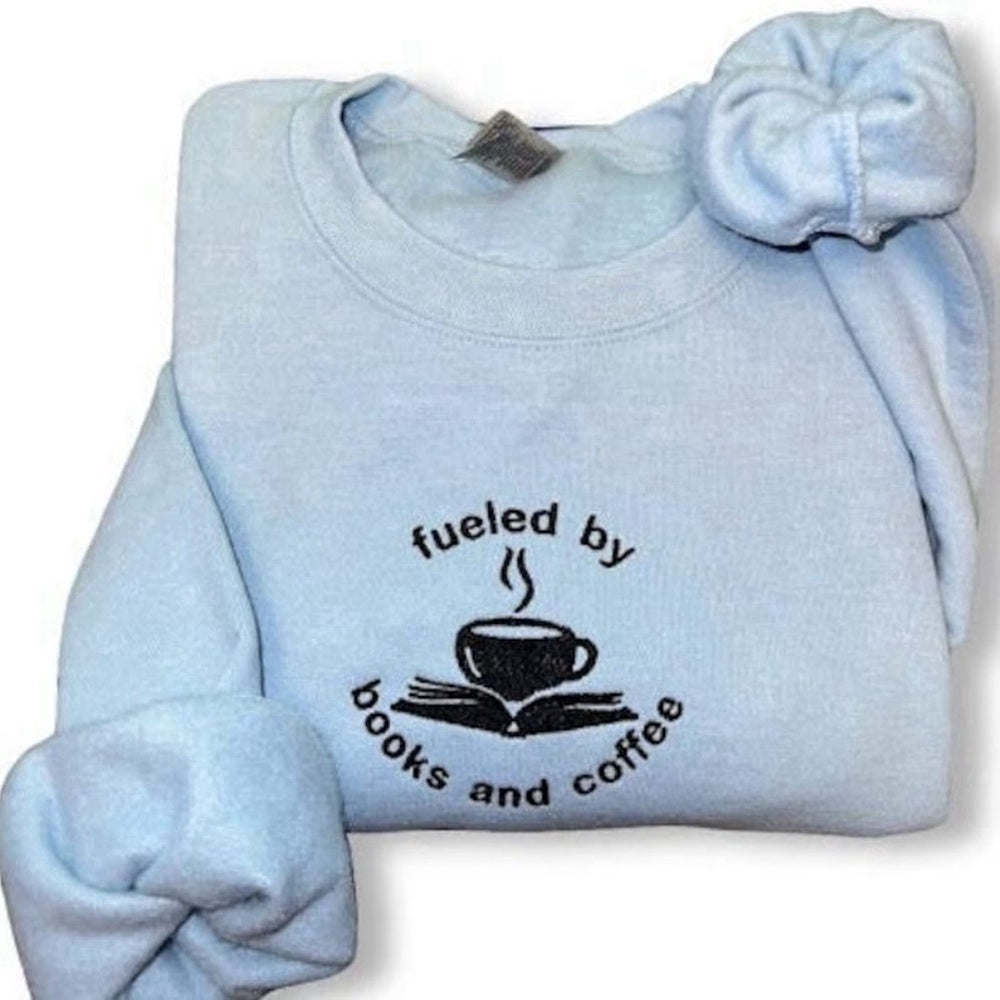 Eembroidered Custom Sweatshirts, Books And Coffee Embroidered Sweatshirt 2D Crewneck Sweatshirt For Family, Christmas Gift