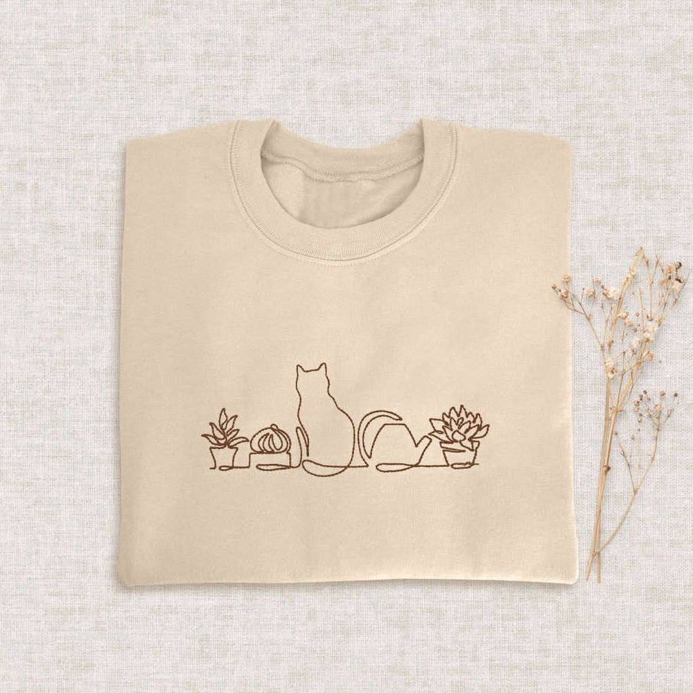 Eembroidered Custom Sweatshirts, Cat And Plants Embroidered Sweatshirt 2D Crewneck Sweatshirt For Men And Women, Christmas Gift