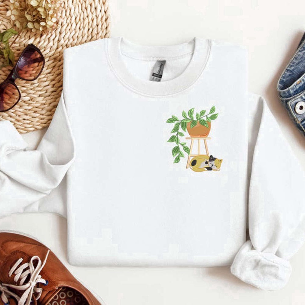 Eembroidered Custom Sweatshirts, Cat Plant Pot Embroidered Sweatshirt 2D Crewneck Sweatshirt For Men Women, Christmas Gift