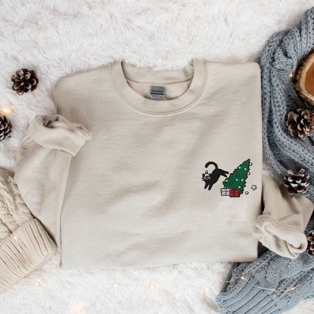 Eembroidered Custom Sweatshirts, Christmas Cat Embroidered Sweatshirt, Meowy Christmas Crewneck For Christmas, Christmas Gift