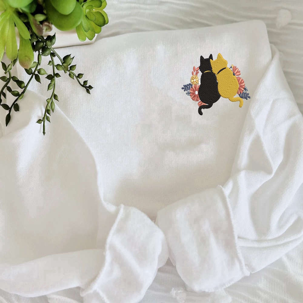 Eembroidered Custom Sweatshirts, Cute Cat Embroidered Sweatshirt, Couple Embroidery Sweatshirt Gift For Couple, Christmas Gift
