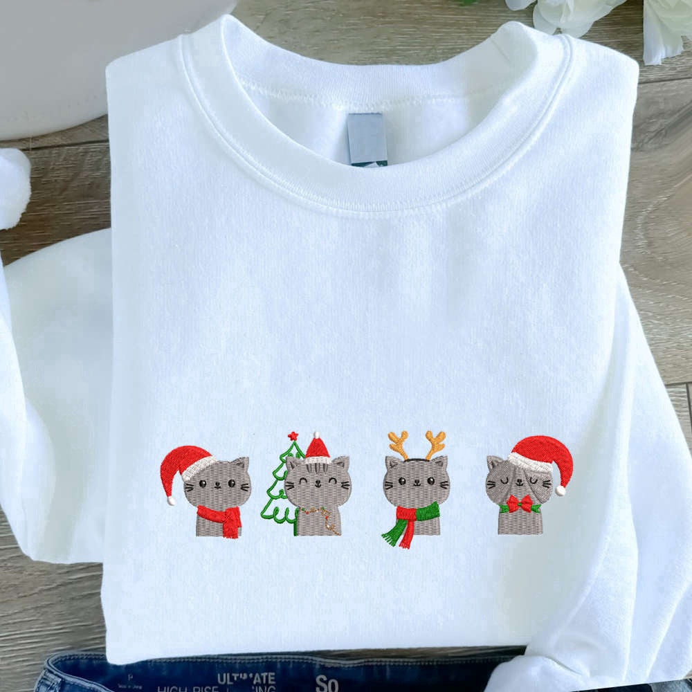 Eembroidered Custom Sweatshirts, Cute Cats Christmas Embroidered Sweatshirt, Cat Love Embroidered Sweatshirt For Family, Christmas Gift