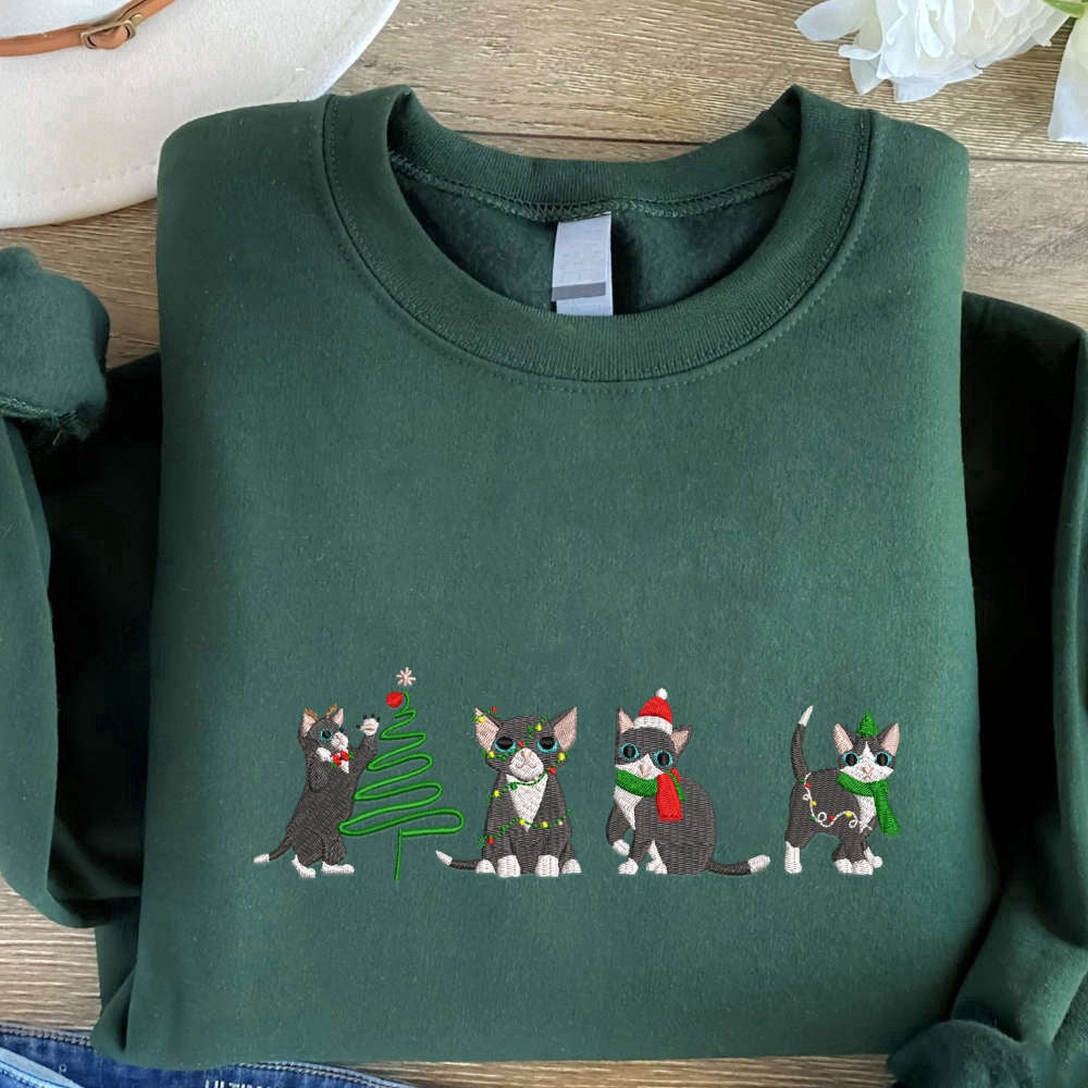 Eembroidered Custom Sweatshirts, Cute Cats Christmas Embroidered Sweatshirt, Sweatshirt For Cat Lover, Christmas Gift