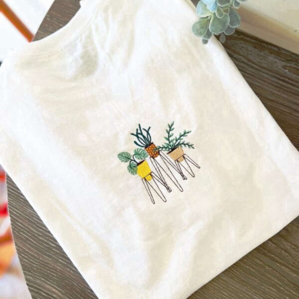 Eembroidered Custom Sweatshirts, Cute Floral Potted Plants Embroidered Sweatshirt 2D Crewneck Sweatshirt For Men And Women, Christmas Gift