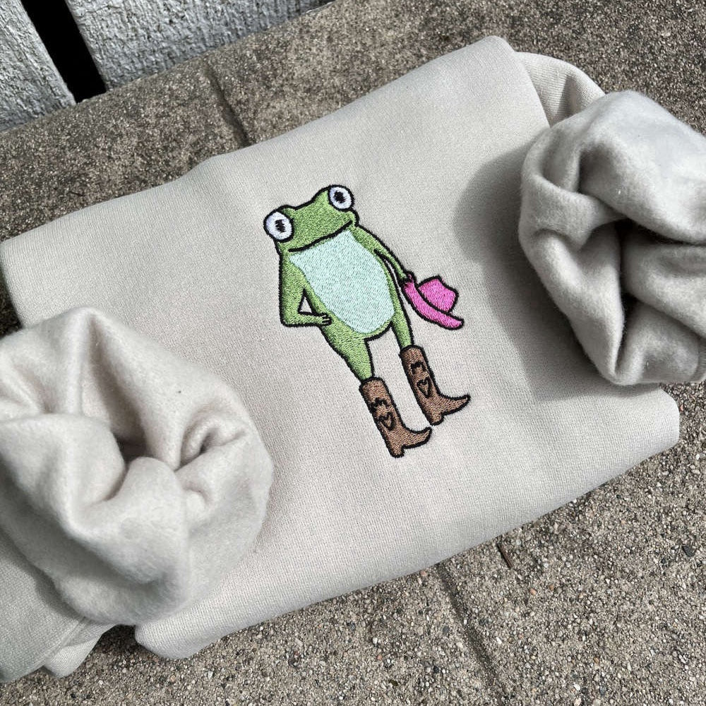 Eembroidered Custom Sweatshirts, Cute Frog Embroidered Sweatshirt 2D Crewneck Sweatshirt For Men And Women, Christmas Gift