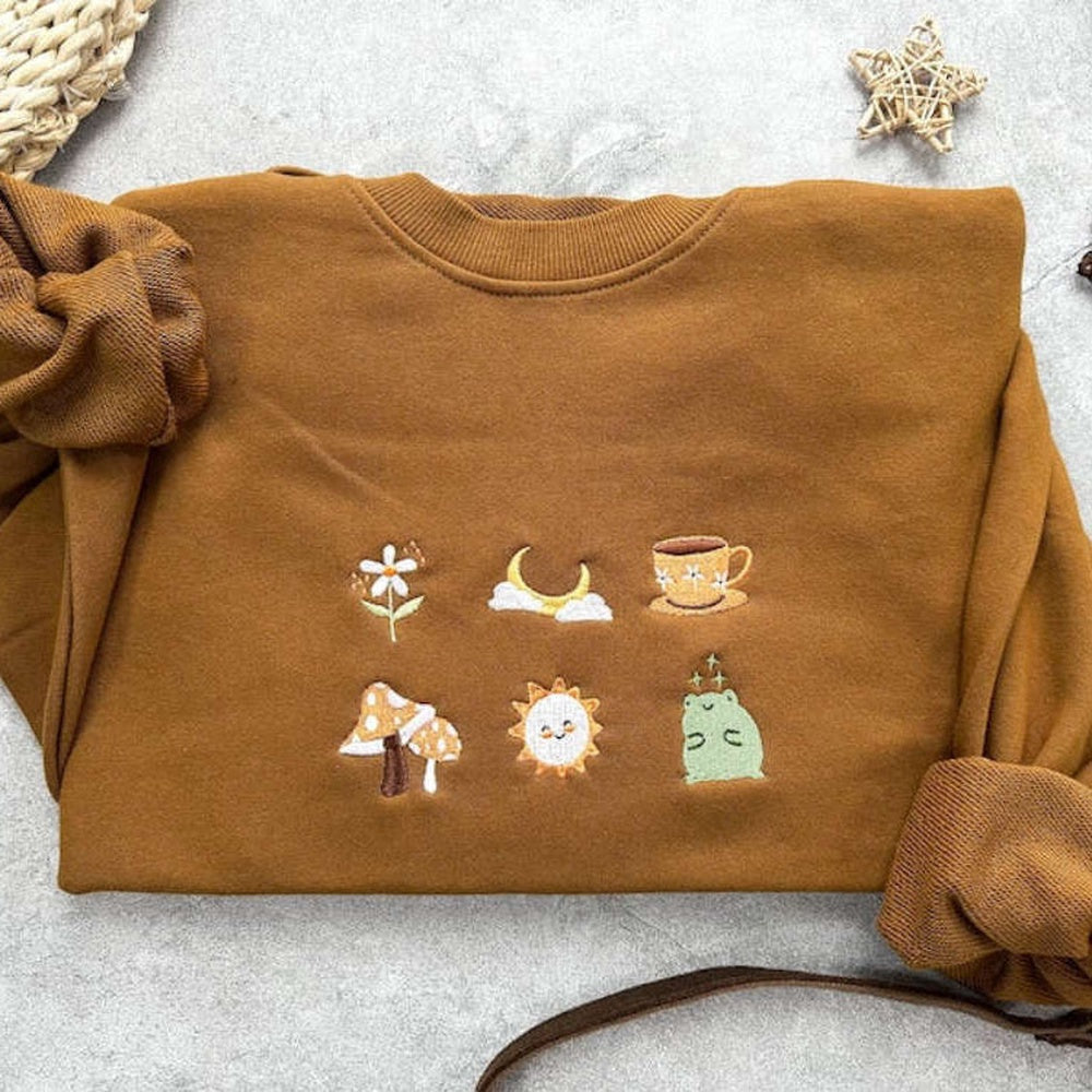 Eembroidered Custom Sweatshirts, Cute Frog Embroidered Sweatshirt 2D Crewneck Sweatshirt For Men Women, Christmas Gift