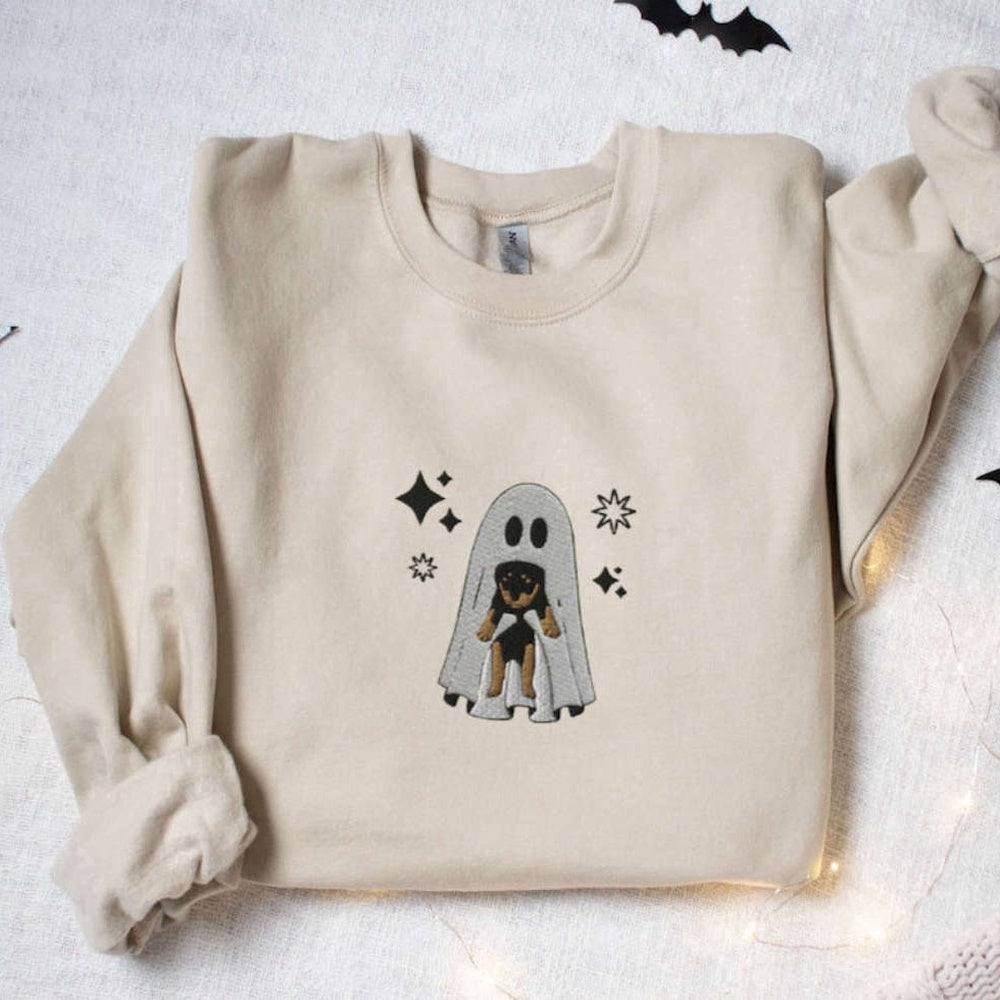 Eembroidered Custom Sweatshirts, Cute Ghost Holding Puppy Embroidered Sweatshirt 2D For Family, Christmas Gift