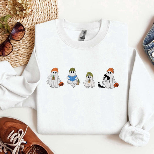 Eembroidered Custom Sweatshirts, Cute Ghosts Embroidered Sweatshirt 2D Crewneck Sweatshirt Gift For Family, Christmas Gift