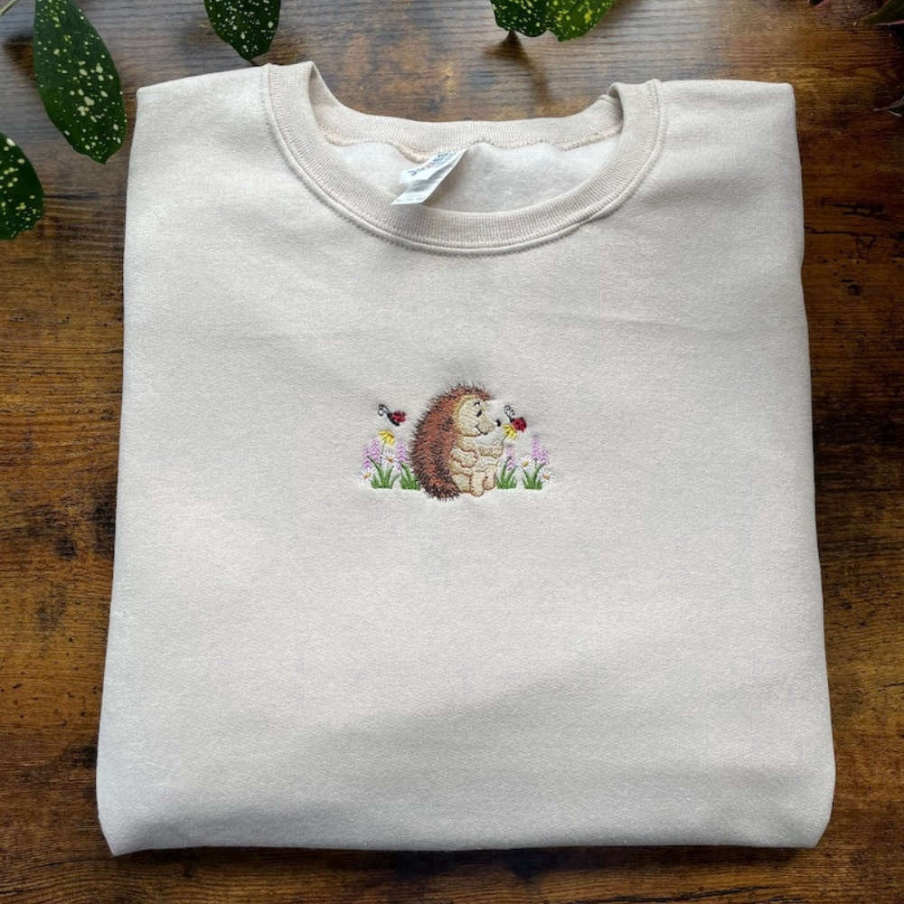 Eembroidered Custom Sweatshirts, Cute Hedgehog With Flowers And Ladybugs Embroidered Sweatshirt For Family, Christmas Gift