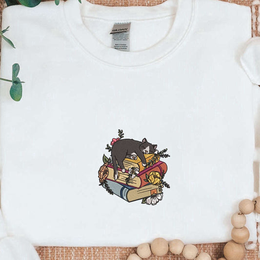 Eembroidered Custom Sweatshirts, Cute Lying On The Book Cat Embroidery, Unisex Oversize Black Cat Sweater For Cat Lover, Christmas Gift