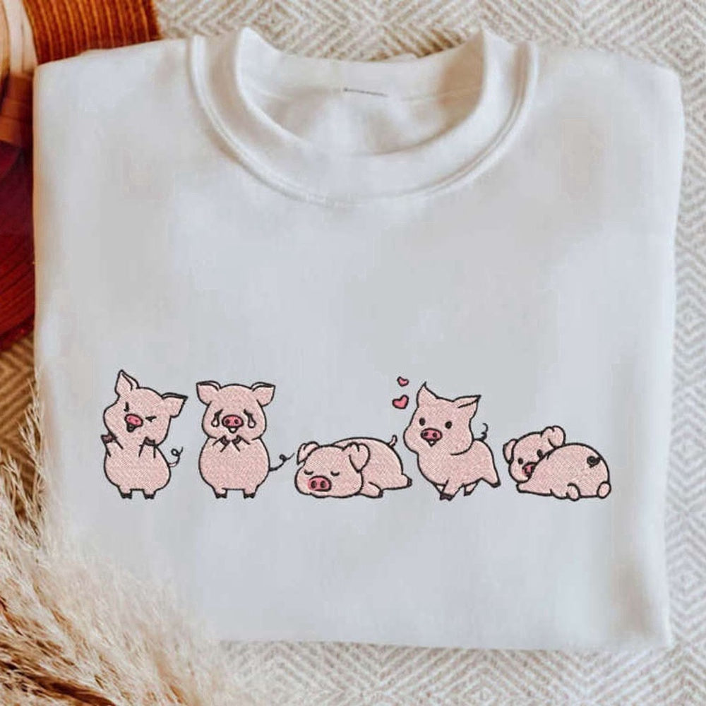 Eembroidered Custom Sweatshirts, Cute Pigs Embroidered Sweatshirt 2D Crewneck Sweatshirt For Men Women, Christmas Gift