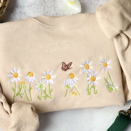 Eembroidered Custom Sweatshirts, Daisies And Butterfly Embroidered Sweatshirt 2D Crewneck Sweatshirt For Women And Women, Christmas Gift