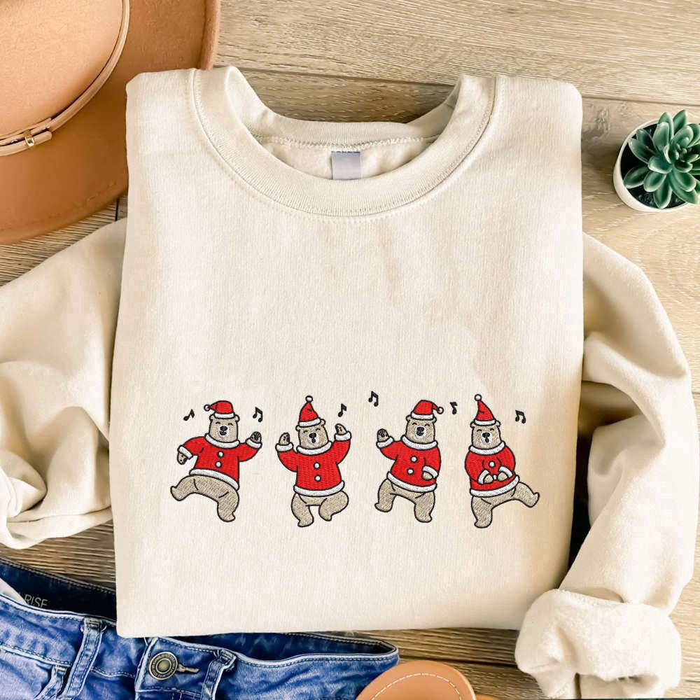 Eembroidered Custom Sweatshirts, Dancing Bear Embroidered Sweatshirt, Christmas Bear Embroidered Sweatshirt For Christmas, Christmas Gift