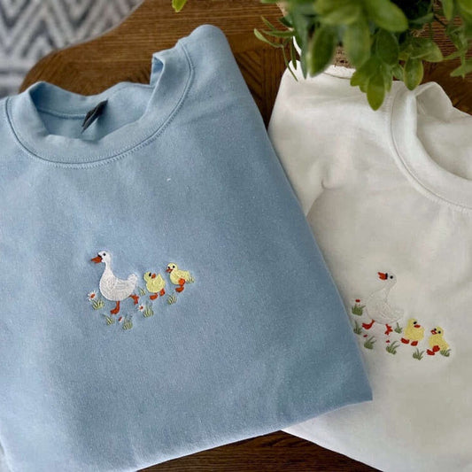 Eembroidered Custom Sweatshirts, Duck Duck Embroidered Sweatshirt 2D Crewneck Sweatshirt For Men And Women, Christmas Gift