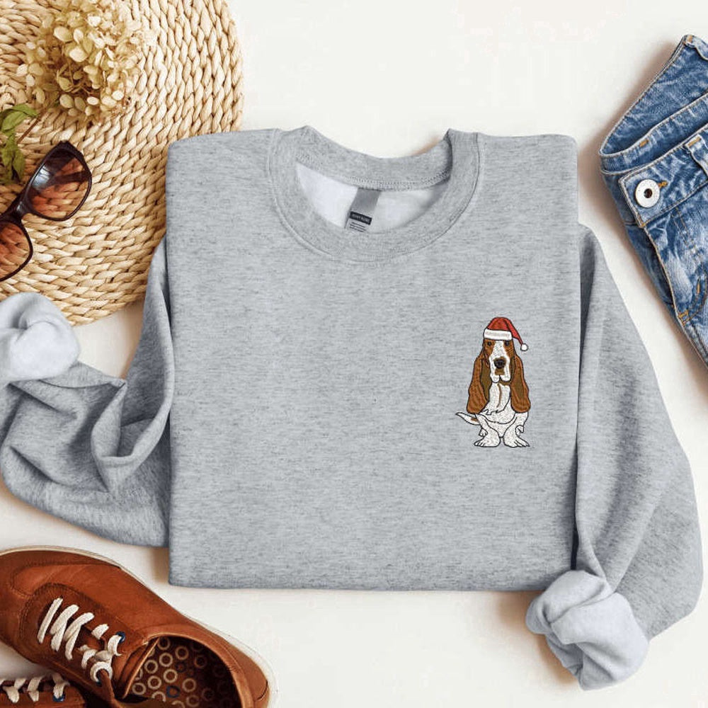 Eembroidered Custom Sweatshirts, Embroidered Basset Hound Dog Christmas Sweatshirt For Men And Women, Christmas Gift