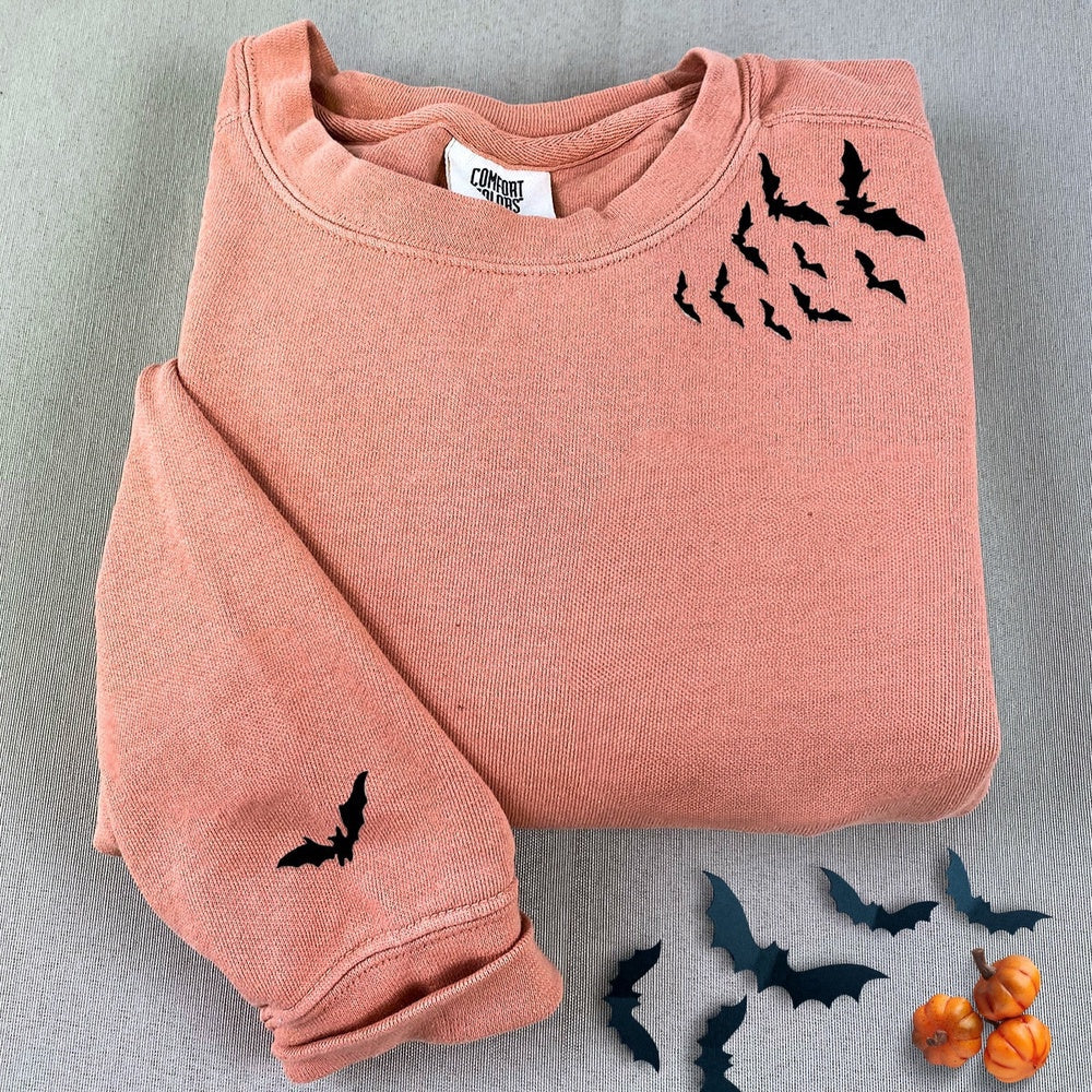 Eembroidered Custom Sweatshirts, Embroidered Bats On Neckline Halloween Sweatshirt, Christmas Gift