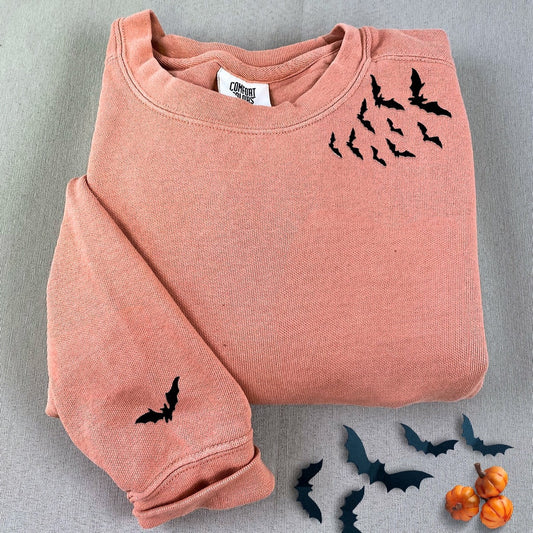 Eembroidered Custom Sweatshirts, Embroidered Bats On Neckline Halloween Sweatshirt, Christmas Gift