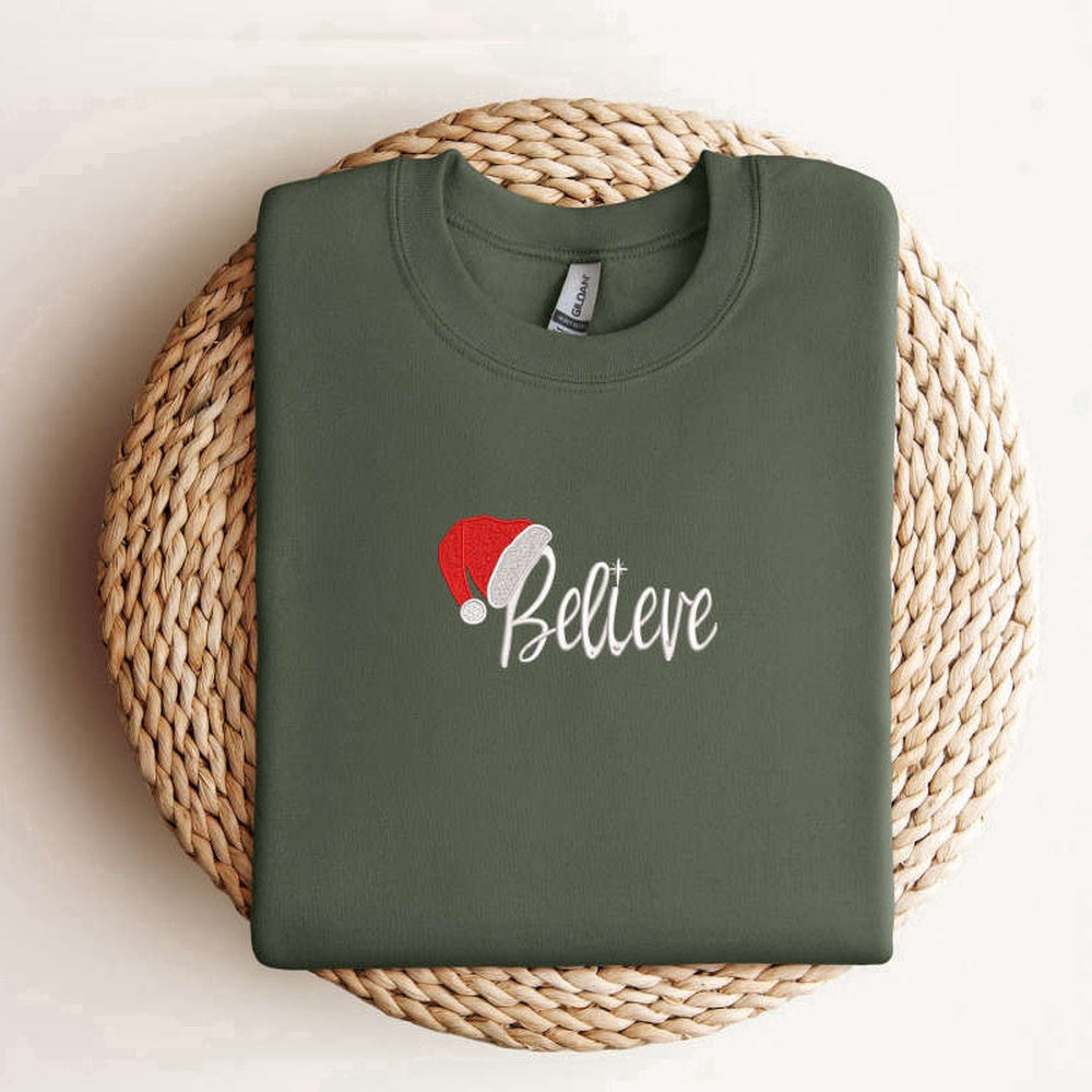 Eembroidered Custom Sweatshirts, Embroidered Believe In Santa Claus Christmas Sweatshirt Gift For Christmas, Christmas Gift