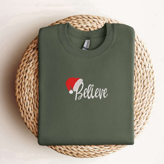Eembroidered Custom Sweatshirts, Embroidered Believe In Santa Claus Christmas Sweatshirt Gift For Christmas, Christmas Gift
