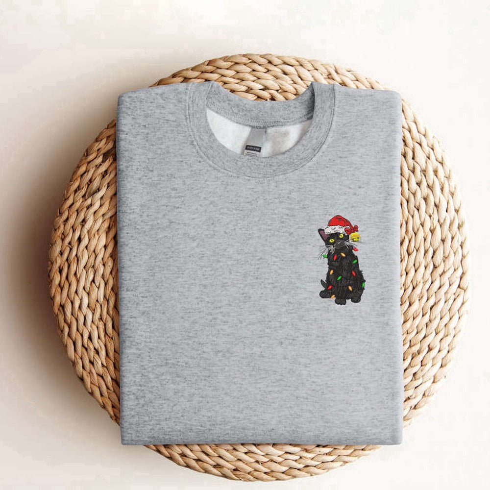 Eembroidered Custom Sweatshirts, Embroidered Black Cat Santa Christmas Sweatshirt, 2D Crewneck Sweatshirt For Women, Christmas Gift