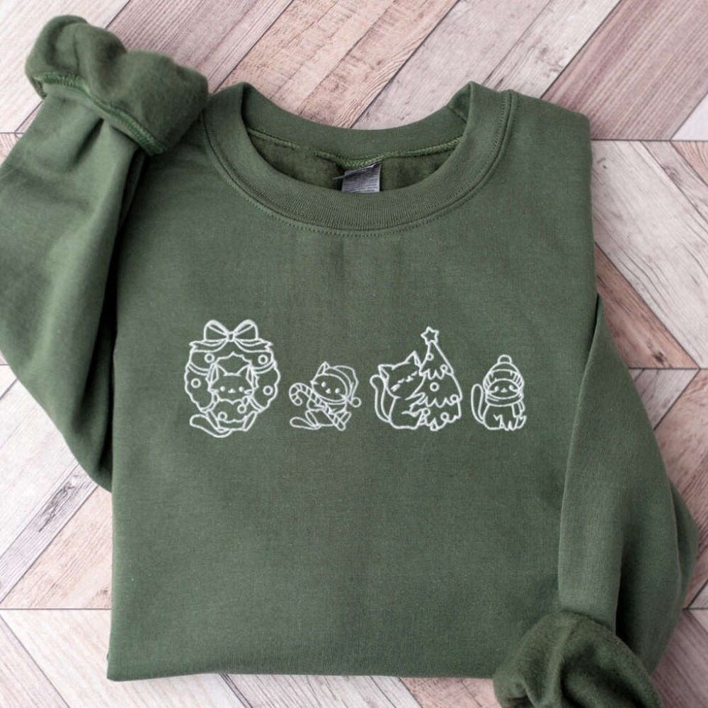 Eembroidered Custom Sweatshirts, Embroidered Cat Christmas Sweatshirt, Christmas Embroidered Sweatshirt, Cat Lover Gift, Christmas Gift