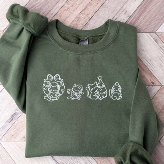 Eembroidered Custom Sweatshirts, Embroidered Cat Christmas Sweatshirt, Christmas Embroidered Sweatshirt, Cat Lover Gift, Christmas Gift