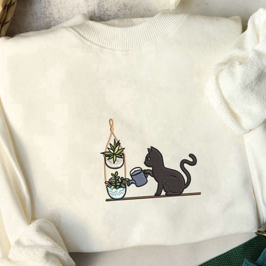 Eembroidered Custom Sweatshirts, Embroidered Cat Watering Plants Sweater, Plants And Cat Embroidered Sweatshirt For Cat Lovers, Christmas Gift