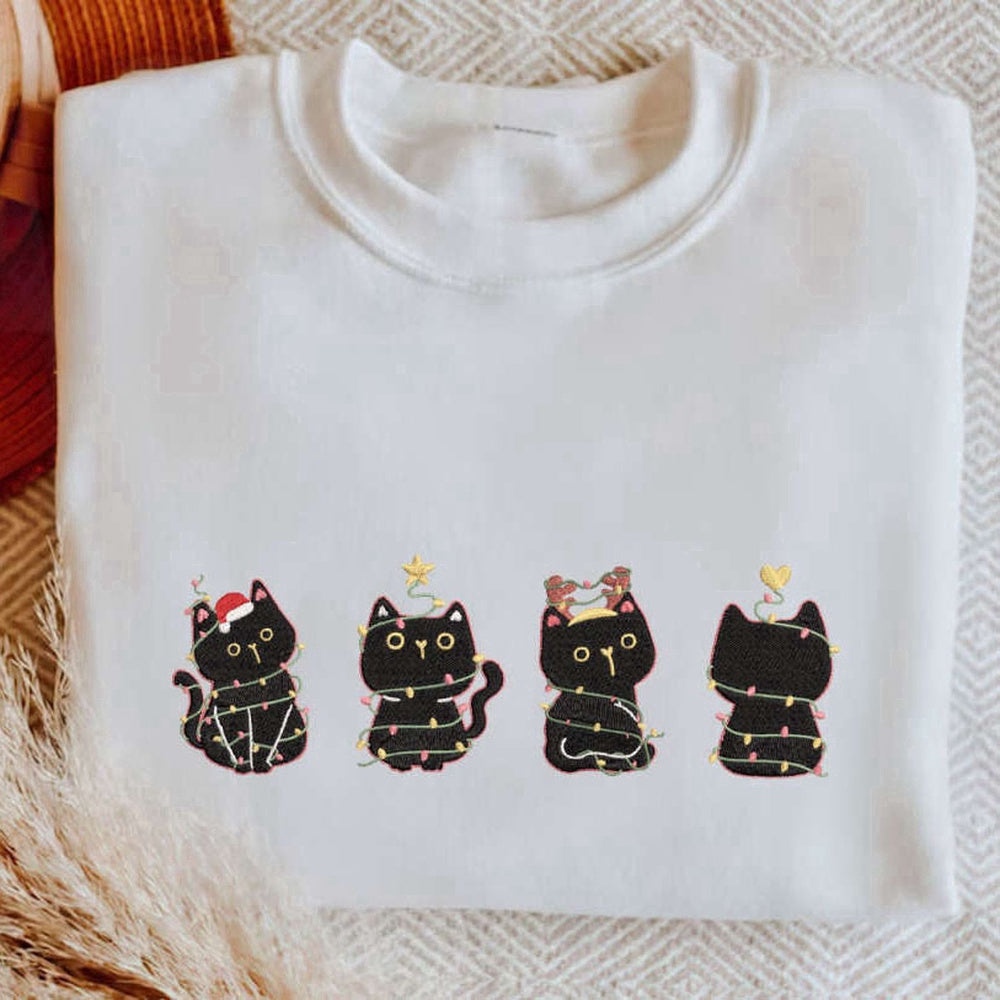 Eembroidered Custom Sweatshirts, Embroidered Christmas Black Cat Sweatshirt, Meowy Christmas Shirt, For Cat Lovers, Christmas Gift